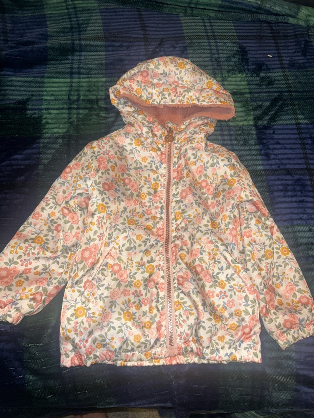 Nicole Miller Floral Hooded Puffer Jacket in White, Pink & Yellow great fall